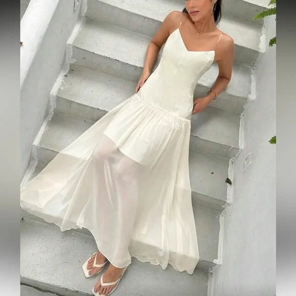 White ivory mesh drop waist clear spaghetti strap maxi flowy dress - Picture 5 of 5